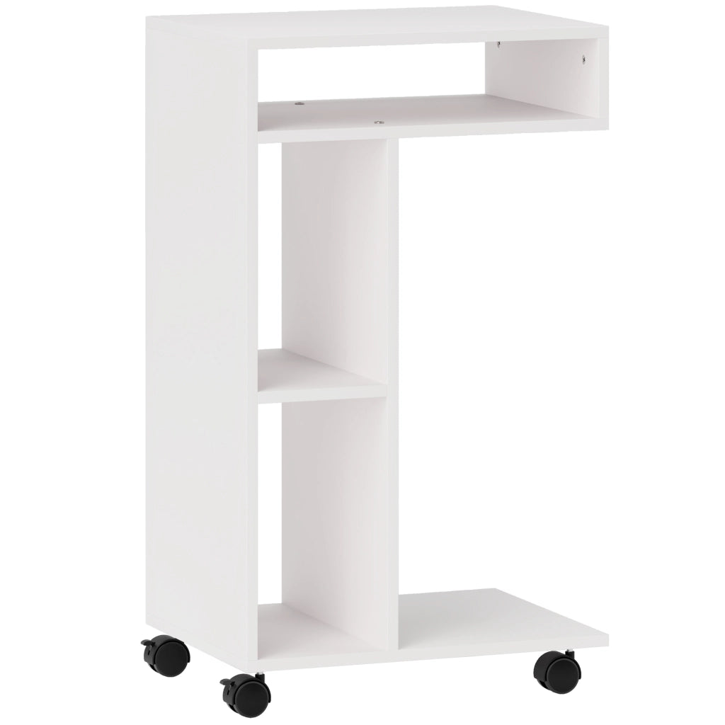 Tavolino da salotto con 3 vani e ripiano; con ruote e freni; per soggiorno e camera; bianco; 40×30×69 cm