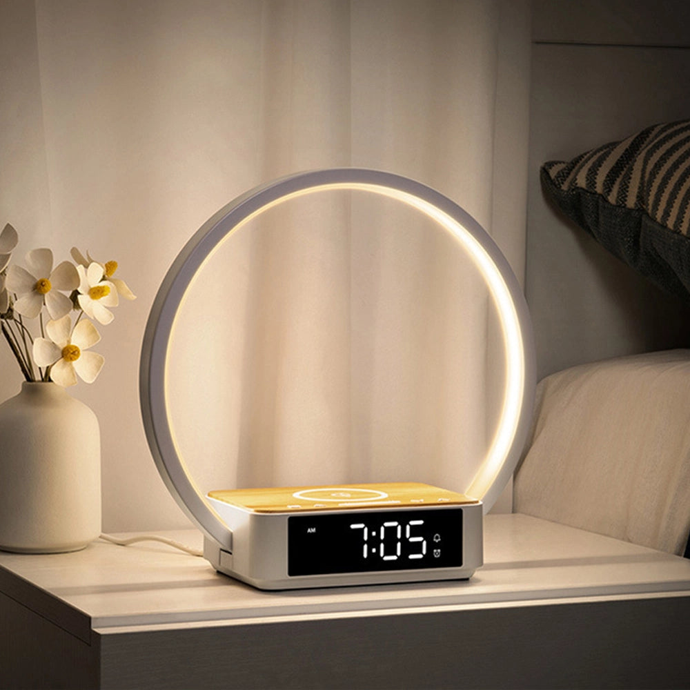 Lampada da comodino LED con sveglia, display orario e ricarica wireless Qi