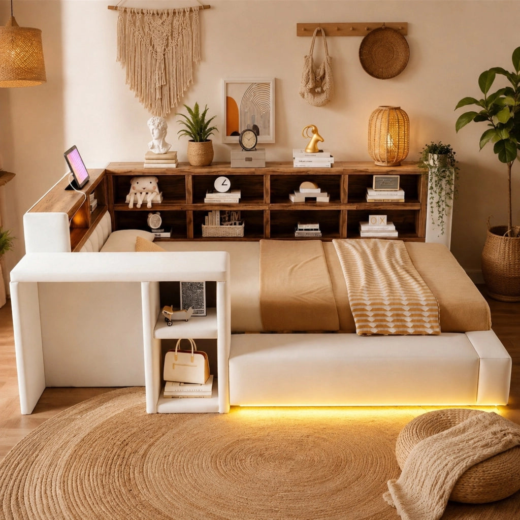 Letto imbottito 90x200 cm con contenitore; LED; prese integrate e comodino laterale; beige