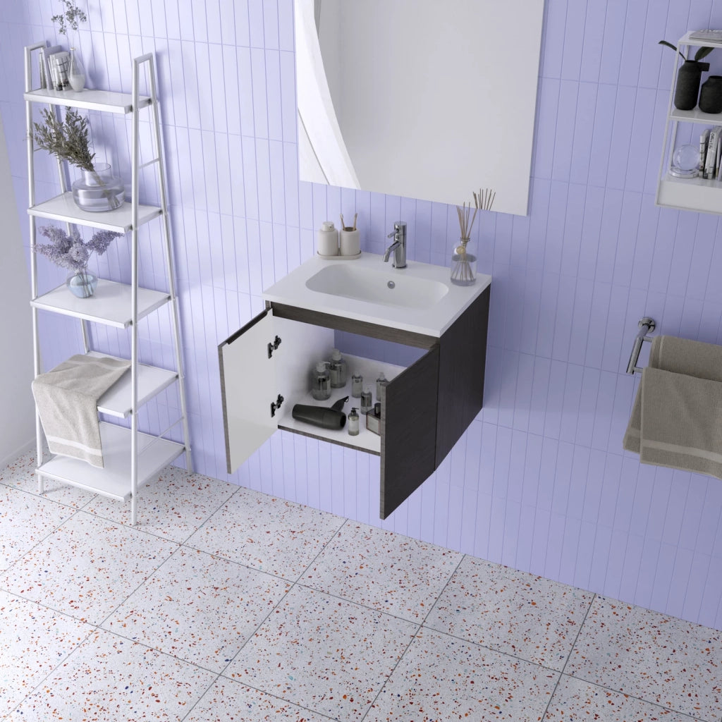 Mobile da bagno sospeso 60cm rovere scuro con lavabo e specchio | Rata