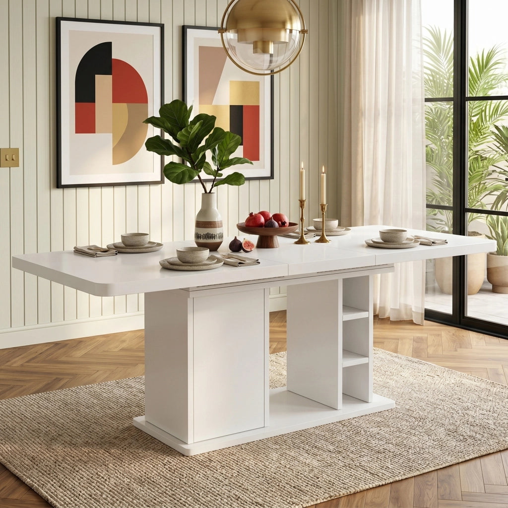 Tavolo da pranzo - estraibile 140/180x80 cm - con vano - per 6-8 persone - stile scandinavo - bianco