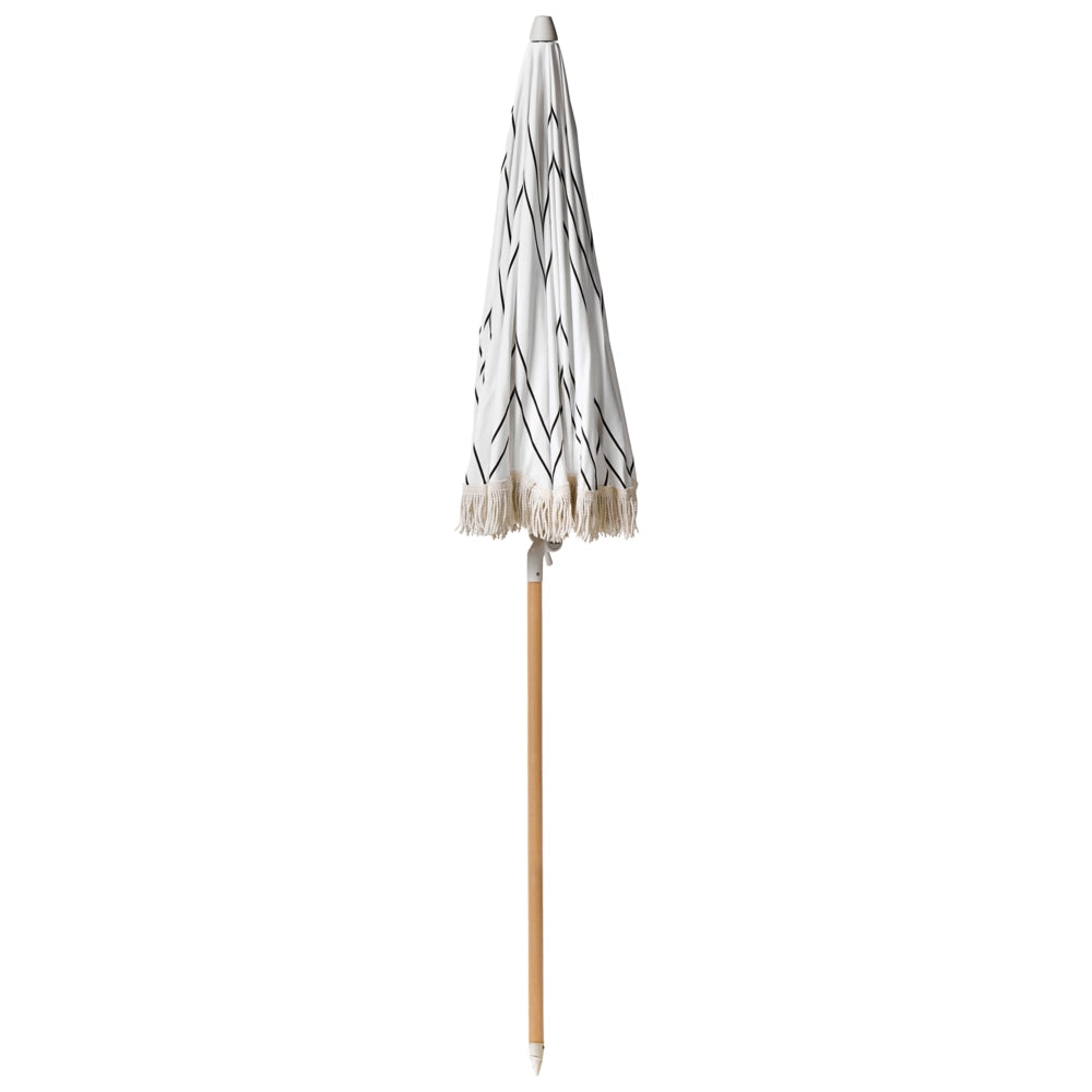 Ombrellone giardino tessuto nero e bianco palo in legno faggio 150 cm Ombrellone esterno rotondo giardino retrò inclinabile resistente ai raggi UV