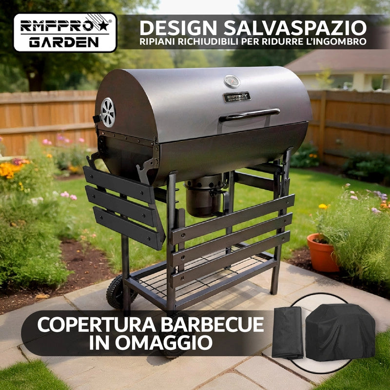RMF Barbecue a Carbonella con Griglia XL con Termometro Integrato - Kit Accessori e Copertura inclusi, Carrello in Acciaio Resistente con Ruote, Ripiani Laterali Pieghevoli, Cassetto Raccogli-Cenere