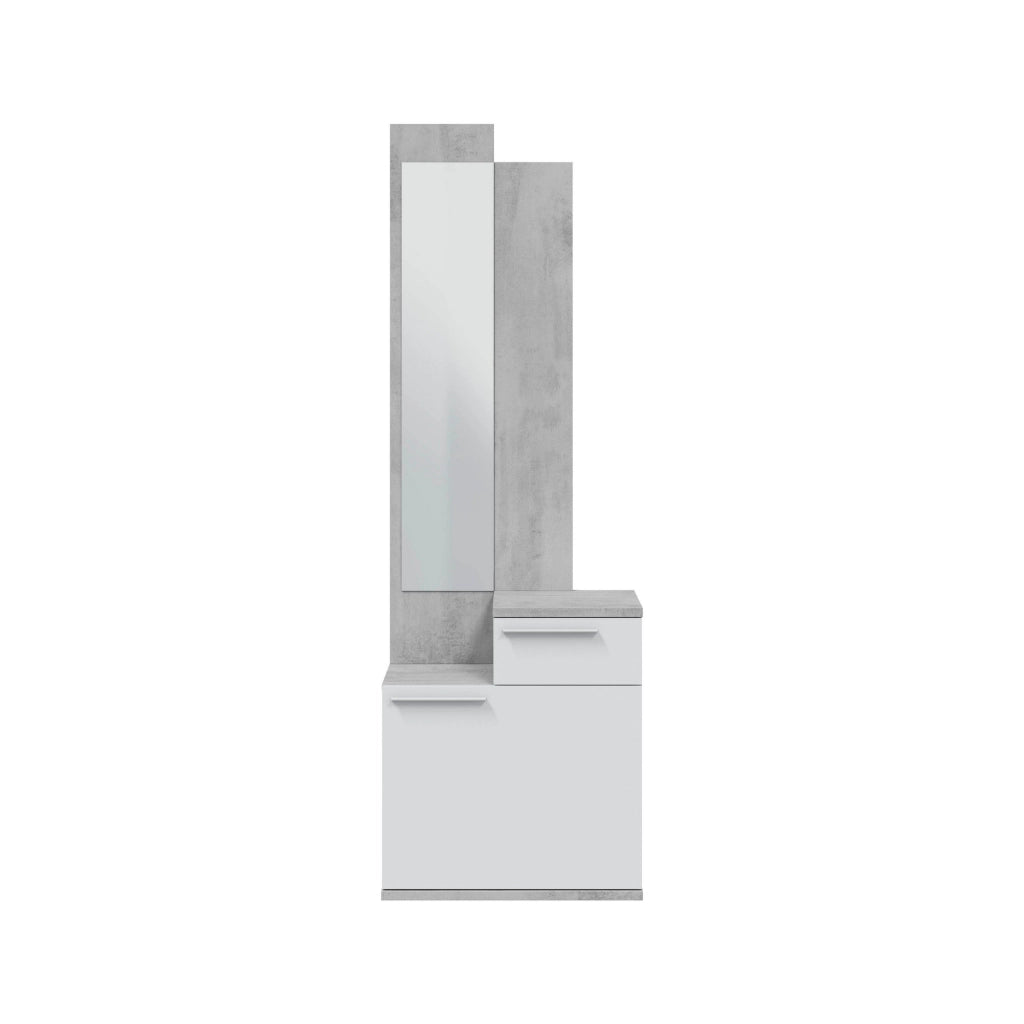 Mobile da ingresso Azzurro, Scarpiera multifunzione con specchio, Armadio a 1 anta e 1 cassetto, 61x28h185 cm, Cemento e Bianco lucido