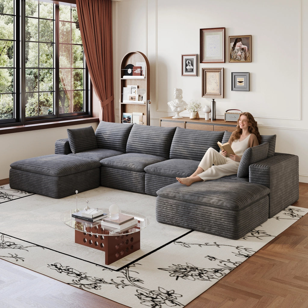 Divano Modulare 3 Posti in Velluto a Coste ¨C MINIMAL ¨C Grigio Scuro, 340cm, Imbottito