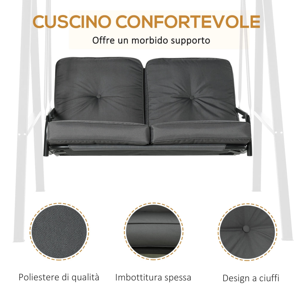 Dondolo 2 Posti con Tettuccio Regolabile e Cuscini, in Acciaio e Poliestere, 144x117x173 cm, Grigio