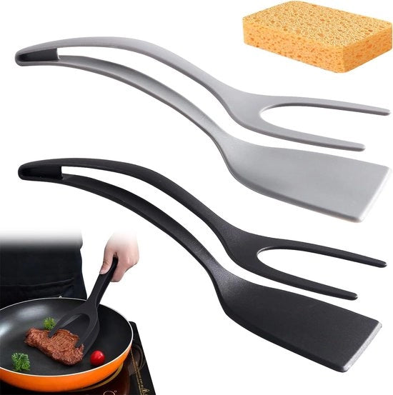 Frittella 2 in 1, spatola e pinza per uova, 2 pezzi, spatola e pinza per uova, manico rotante della pinza, aiuta a girare le uova, utile in cucina