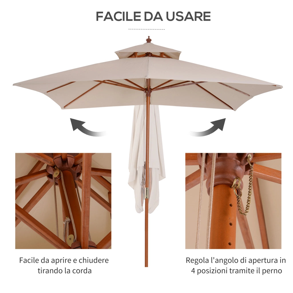 Ombrellone da Giardino 3x3m con 8 Stecche in Bamboo e Copertura Parasole a 2 Livelli, Crema