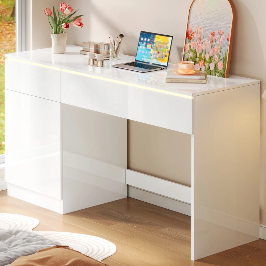 Scrivania con 2 cassetti; 1 anta e illuminazione LED - per studio - 120×50×78 cm - bianca