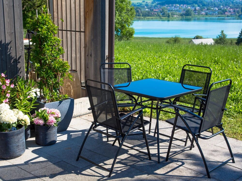 Set da pranzo all'aperto in acciaio Nero 5 pezzi tavolo sedie pieghevoli 4 posti giardino moderno