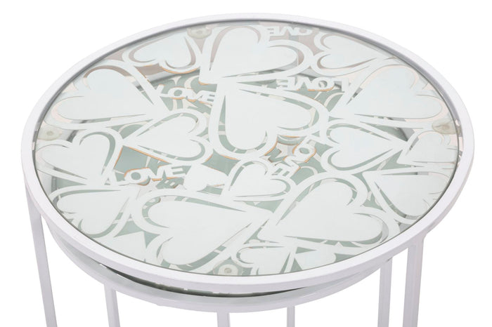 Tavolinetti Bianco Harts Coppia Ø43x60-38x55 cm in Ferro e Vetro Bianco
