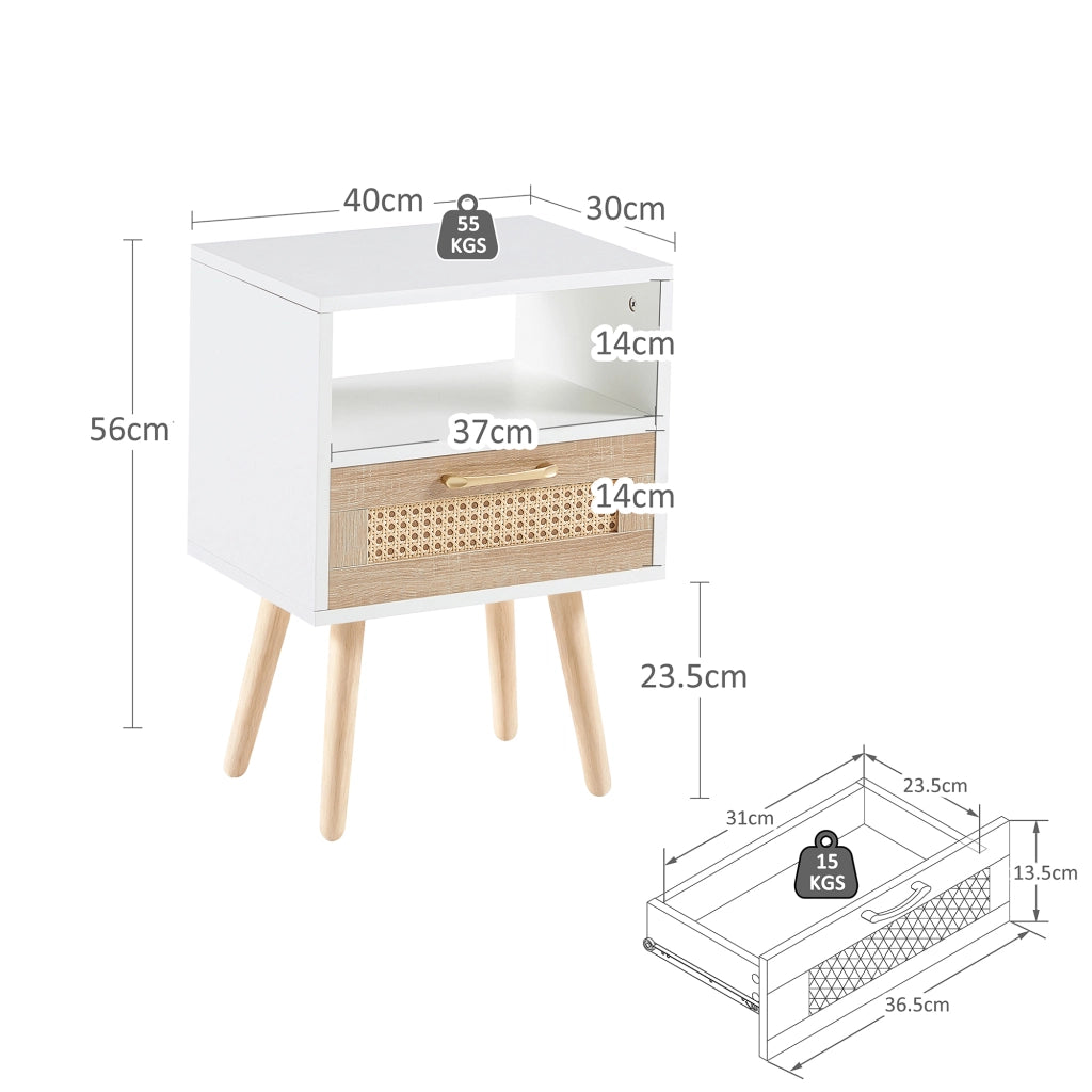 Comodino con 1 cassetto e gambe in legno massiccio, frontale in rattan, per camera da letto, bianco, 40 × 30 × 55 cm