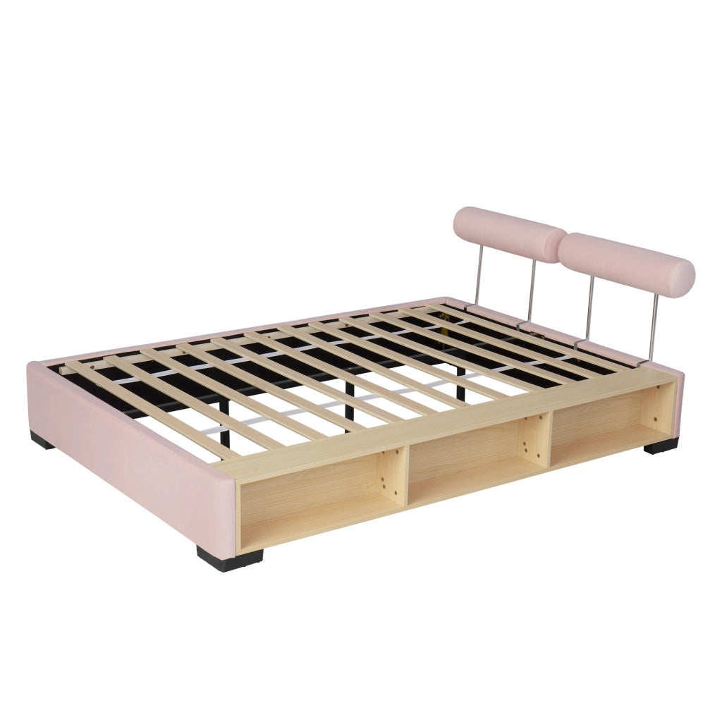Letto per Bambini 140x200 cm - Vani aperti; LED e Testiere imbottite in Velluto Rosa
