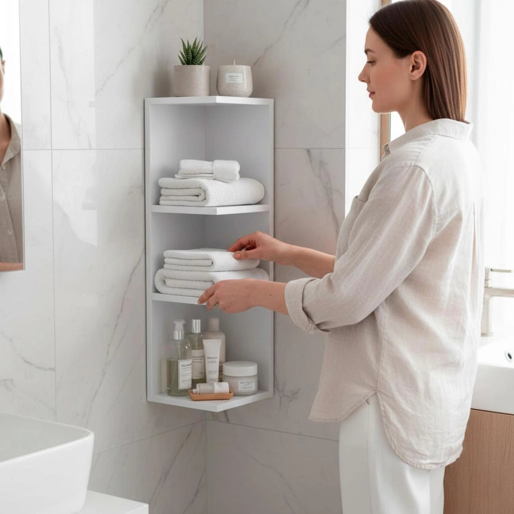 Modulo Angolare Per Bagno Sospeso Con 3 Ripiani Per Organizzare Accessori Prodotti Asciugamani Design Moderno Compatto Regina 65 x 20 x 19.5 Cm Bianco Lucido
