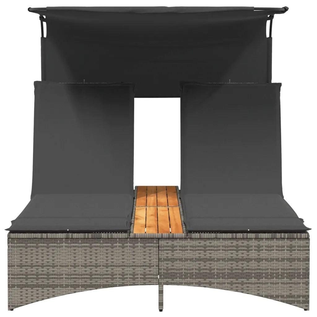 Lettino Doppio con Baldacchino e Cuscini Grigio in Polyrattan