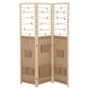 Espositore pieghevole con 8 tasche corde di iuta in bamb¨´-Paravento-Divisorio a 3 pannelli separatore di spazio in legno boho per casa Naturale