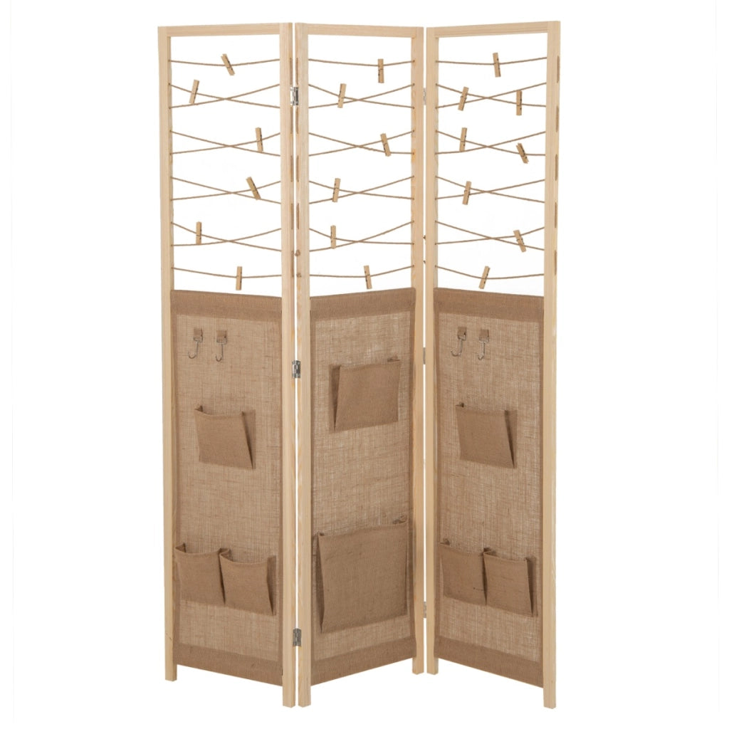 Espositore pieghevole con 8 tasche corde di iuta in bamb¨´-Paravento-Divisorio a 3 pannelli separatore di spazio in legno boho per casa Naturale