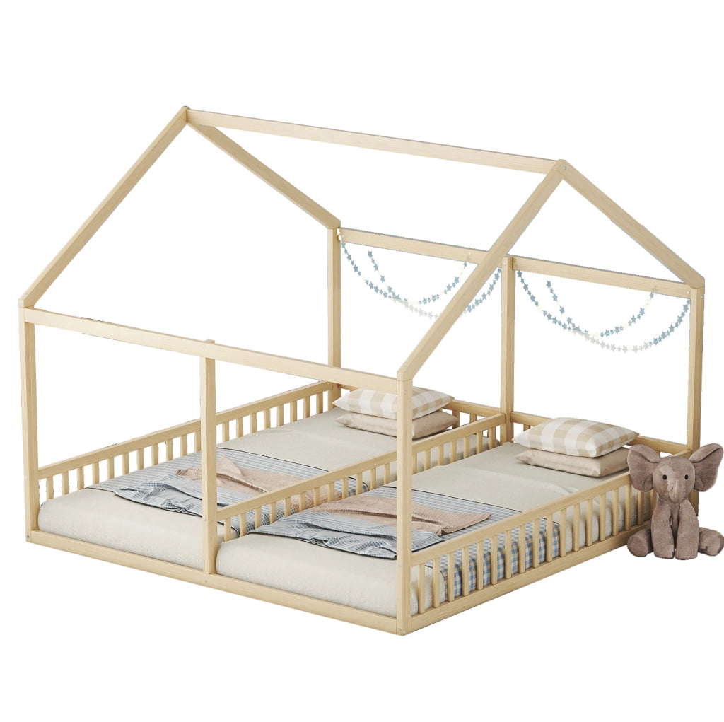 Letto a casetta 90x200 cm 2 in 1; con sponde; pino e MDF; colore naturale