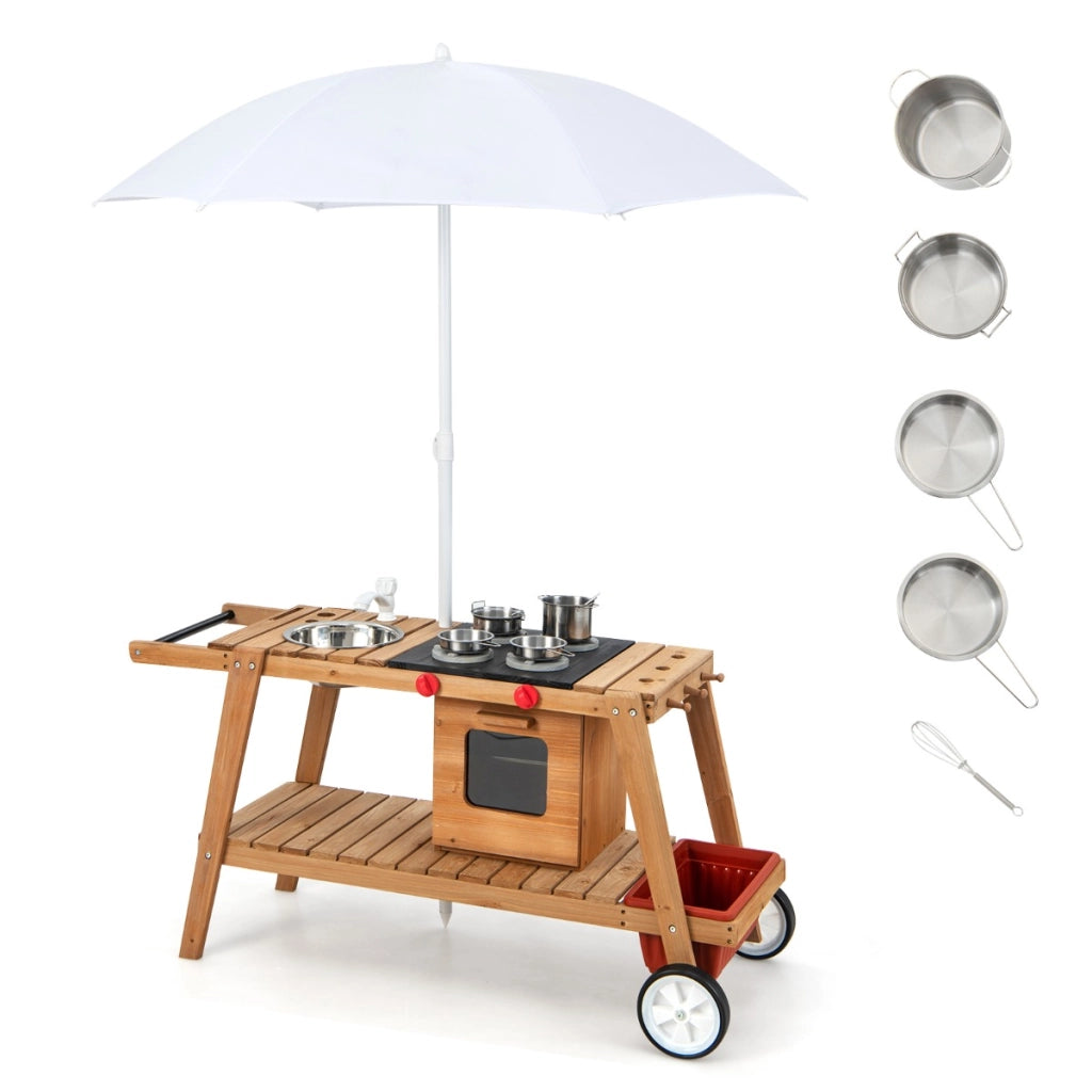 Carrello da gioco in legno con ombrellone antisolare forno a legna simulato, Trolley da gioco per bambini Bianco-Cucine giocattoli