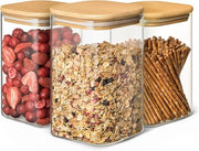 Set di contenitori in vetro - ermetici - 3 pezzi - coperchio in legno - 1L - vetro borosilicato