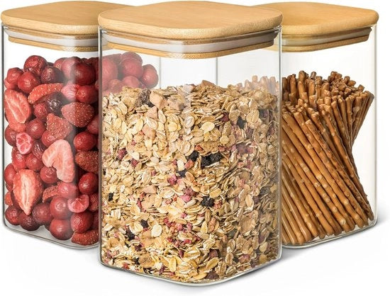 Set di contenitori in vetro - ermetici - 3 pezzi - coperchio in legno - 1L - vetro borosilicato