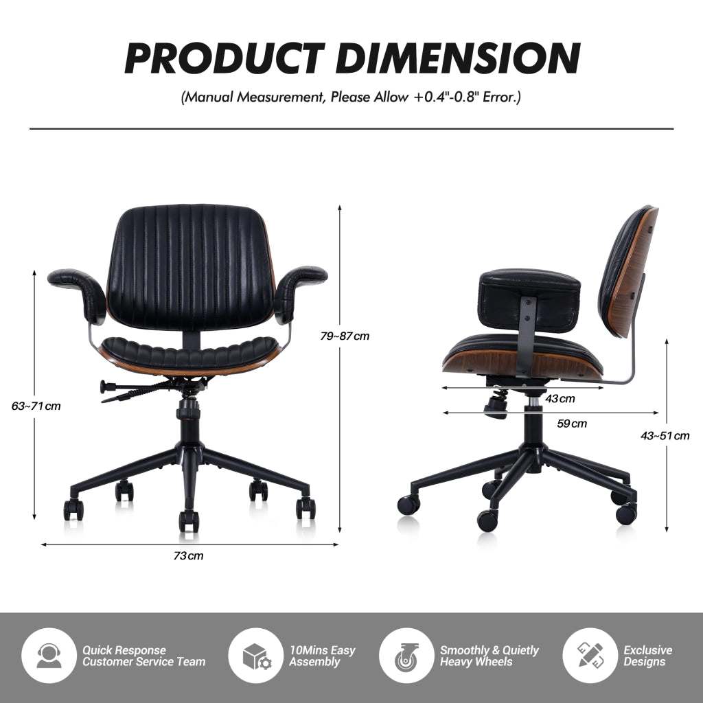 Sedia da ufficio girevole con ruote e altezza regolabile braccioli imbottiti in pelle e metallo nera 52 × 46 × 33 cm