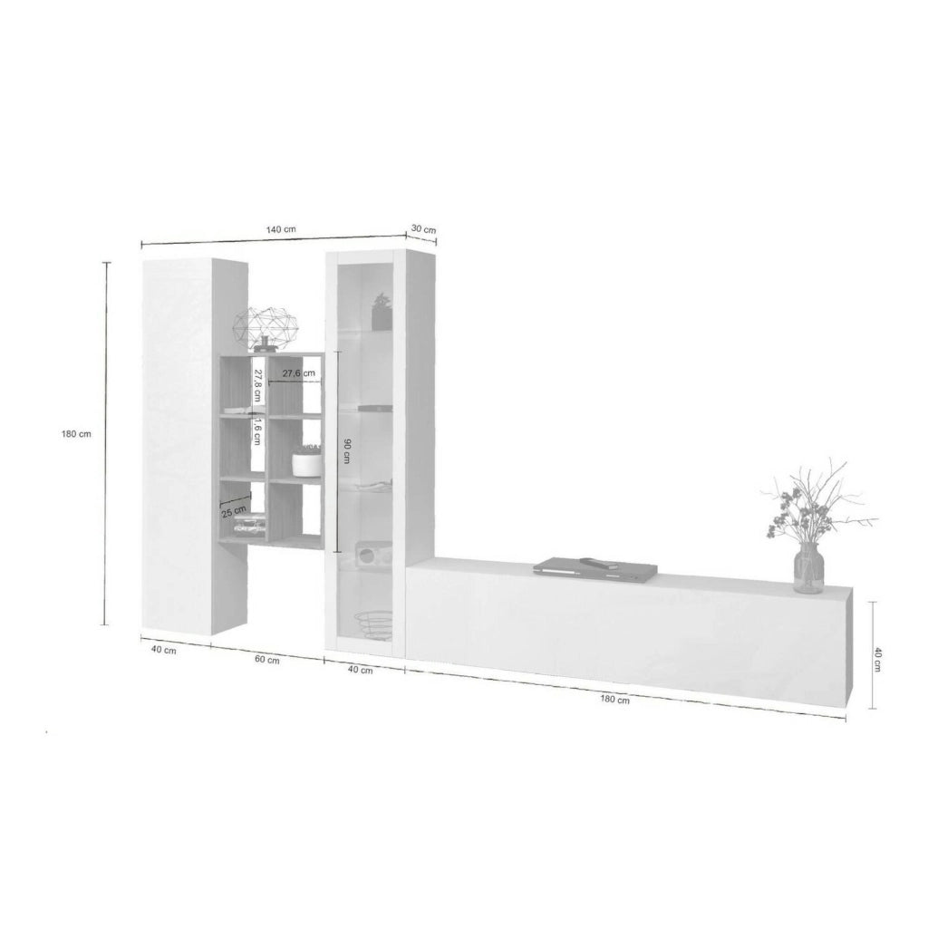 Mobile Soggiorno Ausonia, Parete Attrezzata 15 Ripiani Made in Italy, 320x30x180h cm Bianco Lucido