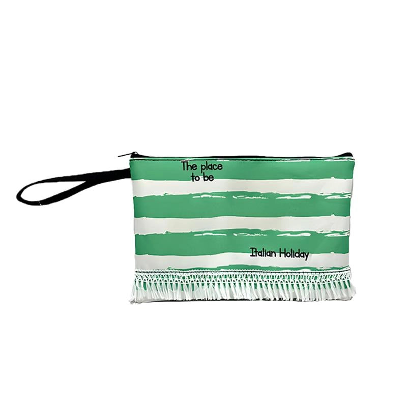 BORSA MARE CON MANICO E FRANGE FANTASIA A RIGHE BIANCHE E VERDI 30X12X22 CM + POUCHETTE  28X18 CM DA POLSO