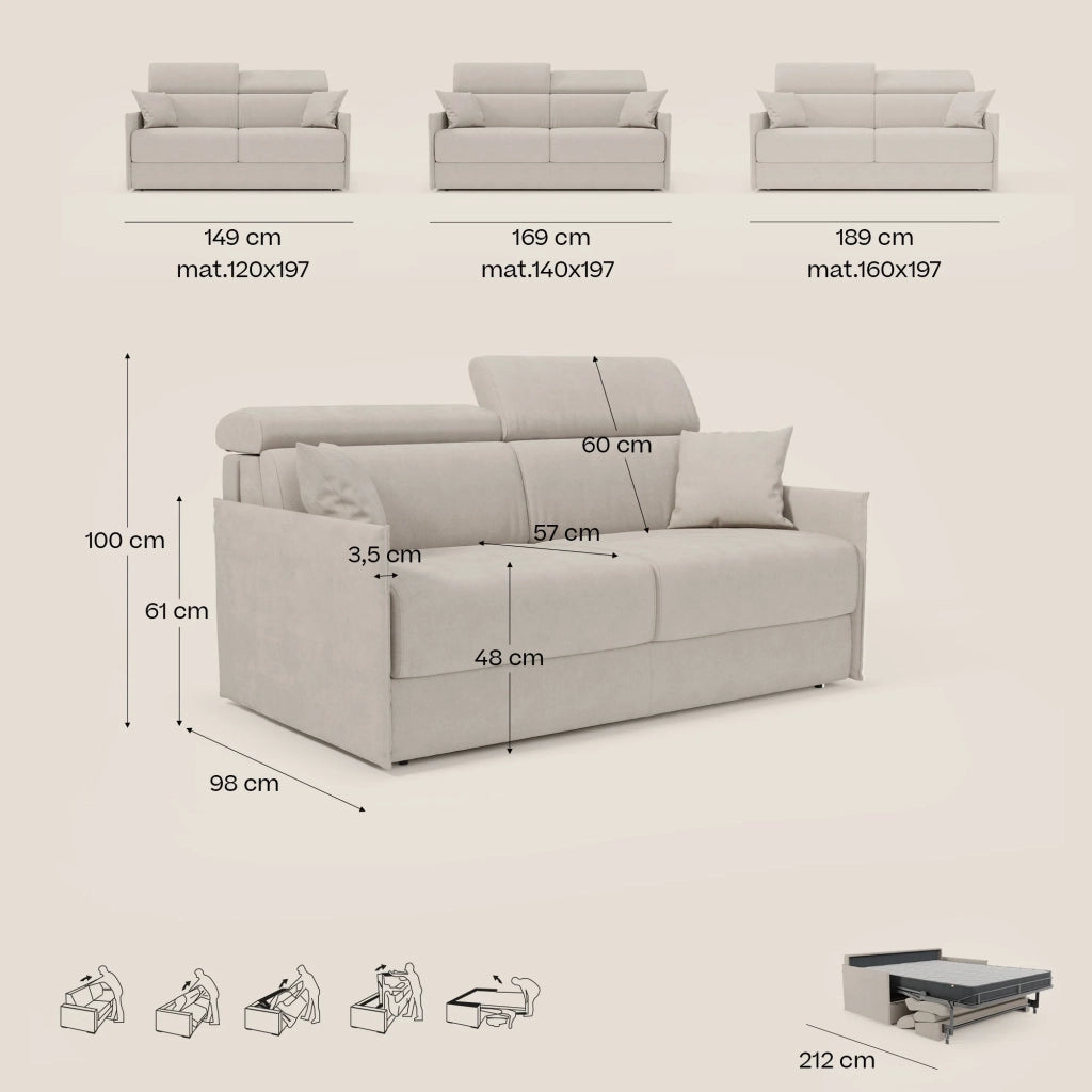 Miryam Divano letto con poggiatesta reclinabili e comfort maxi - design compatto in morbido tessuto smacchiabile T31 169 cm verde felce
