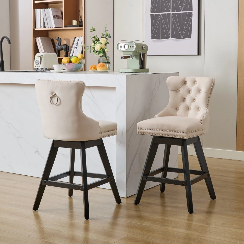 Set di 2 Sgabelli da Bar Girevoli con Schienale Imbottito e Gambe in Legno; per Isola Cucina; Velluto; Beige