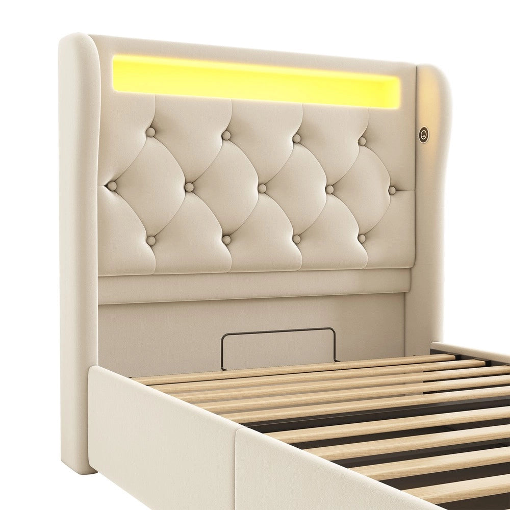 Letto Singolo Imbottito Contenitore con LED ¨C MINIMAL ¨C Velluto Beige, Idraulico, 90x200