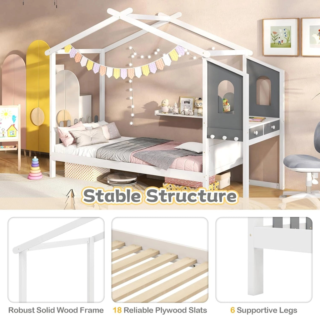 Telaio per letto a forma di casa con scrivania, letto capanna per bambini con vassoio rimovibile, cassetti, ganci, doghe in legno, per ragazzi e ragazze, nessuna rete necessaria (90 x 200 cm)