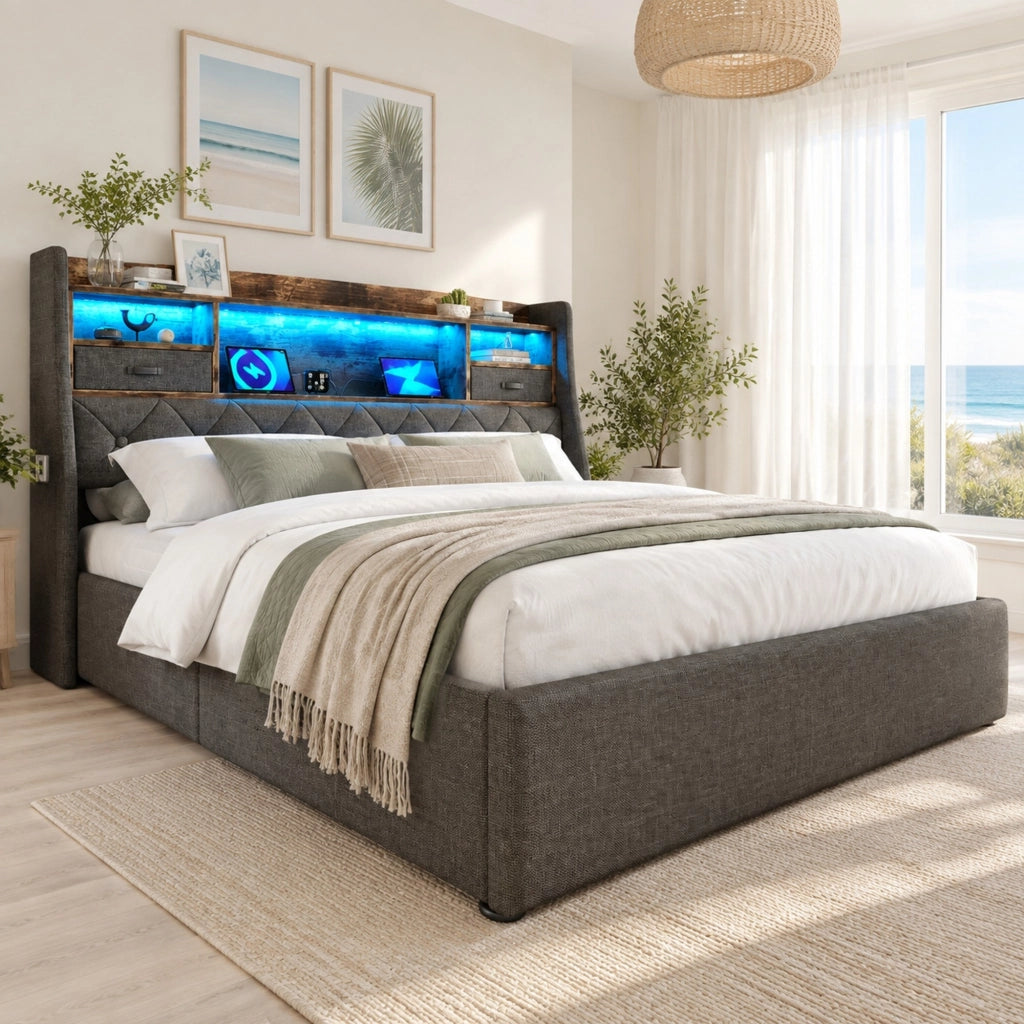 Letto matrimoniale contenitore 160 × 200 cm con LED; USB e Type-C; lino grigio