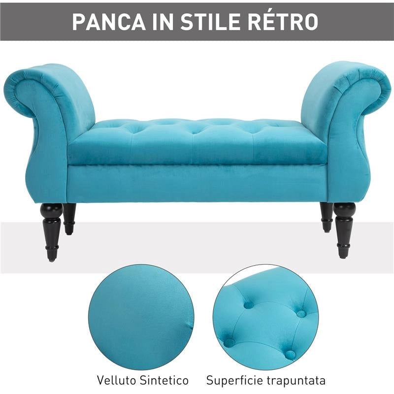 PANCA STILE VINTAGE CON BRACCIOLI IMBOTTITA VELLUTO AZZURRO