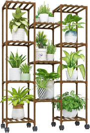 Stand per piante in legno con ruote per interni ed esterni - piatto per piante con 11 contenitori - grande vassoio per fiori per salone, terrazza, balcone e giardino