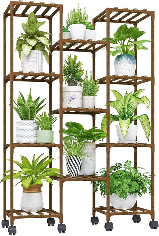 Stand per piante in legno con ruote per interni ed esterni - piatto per piante con 11 contenitori - grande vassoio per fiori per salone, terrazza, balcone e giardino