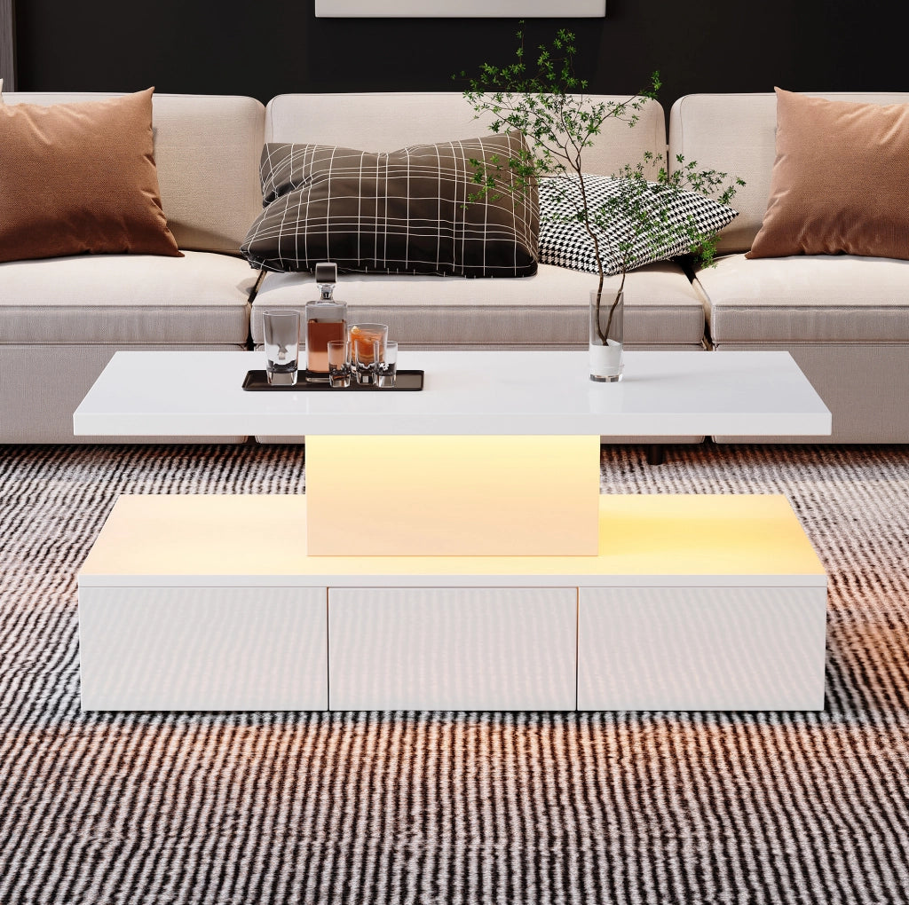 Tavolino da caffè bianco LED con cassetto, 100x50x39 cm