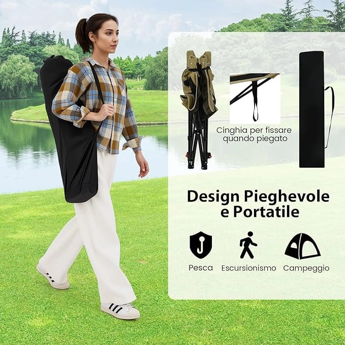 Sedia da Campeggio con Poggiapiedi Rimovibile, Sedia Pieghevole con Schinale Reclinabile, Braccioli e Portabicchieri, Portata 150 kg, Sdraio in Testtuto Oxford per Giardino e Spiaggia (Verde)