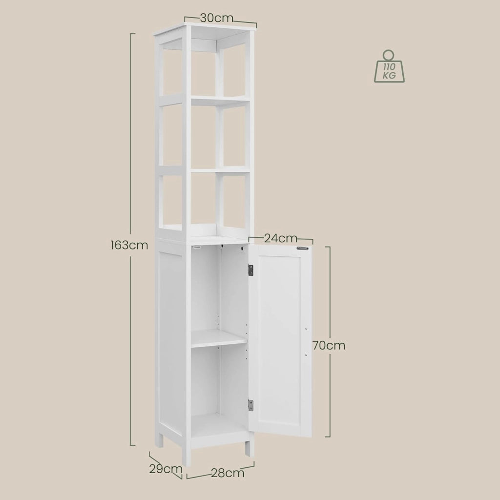 Mobile Alto da Bagno, Mobiletto da Bagno, con 3 Scomparti Aperti, 30x30x163 cm, Portaoggetti, Mobiletto Salvaspazio Stretto, per Bagno, Soggiorno, Studio e Ufficio, Bianco 002WDG