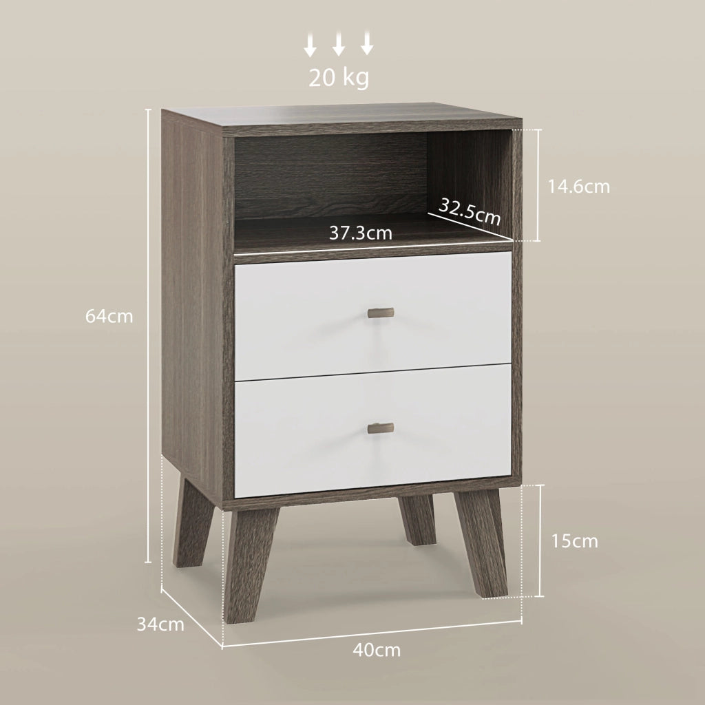 Set di 2 Comodini Moderni per Camera da Letto, Coppia di Comodini con 2 Cassetti e Vano Aperto, 40x34x64cm, Grigio e Bianco