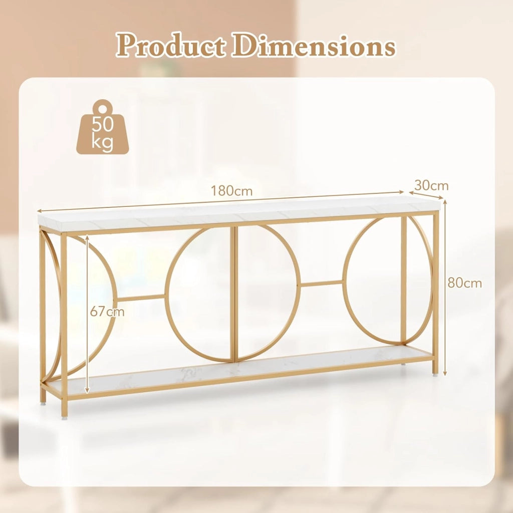 Consolle effetto marmo artificiale, console per mobili, 180 x 30 x 80 cm, 2 livelli, cornice geometrica, piedini regolabili, armadietto corridoio, soggiorno, bianco e oro