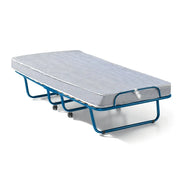 Letto pieghevole NAZARE – 80x190 cm in metallo blu con ruote, rete e materasso inclusi