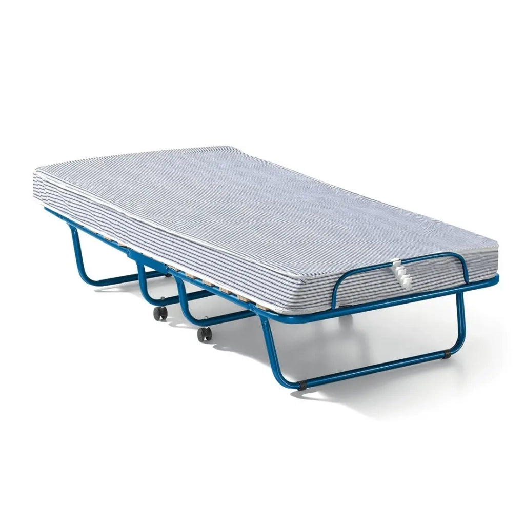 Letto pieghevole NAZARE – 80x190 cm in metallo blu con ruote, rete e materasso inclusi