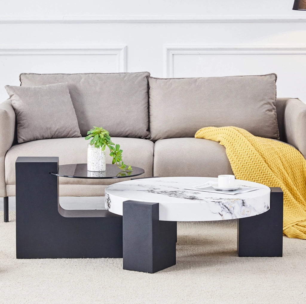 Tavolino da salotto rotondo a due livelli con piano effetto marmo; bianco e nero; MDF e vetro