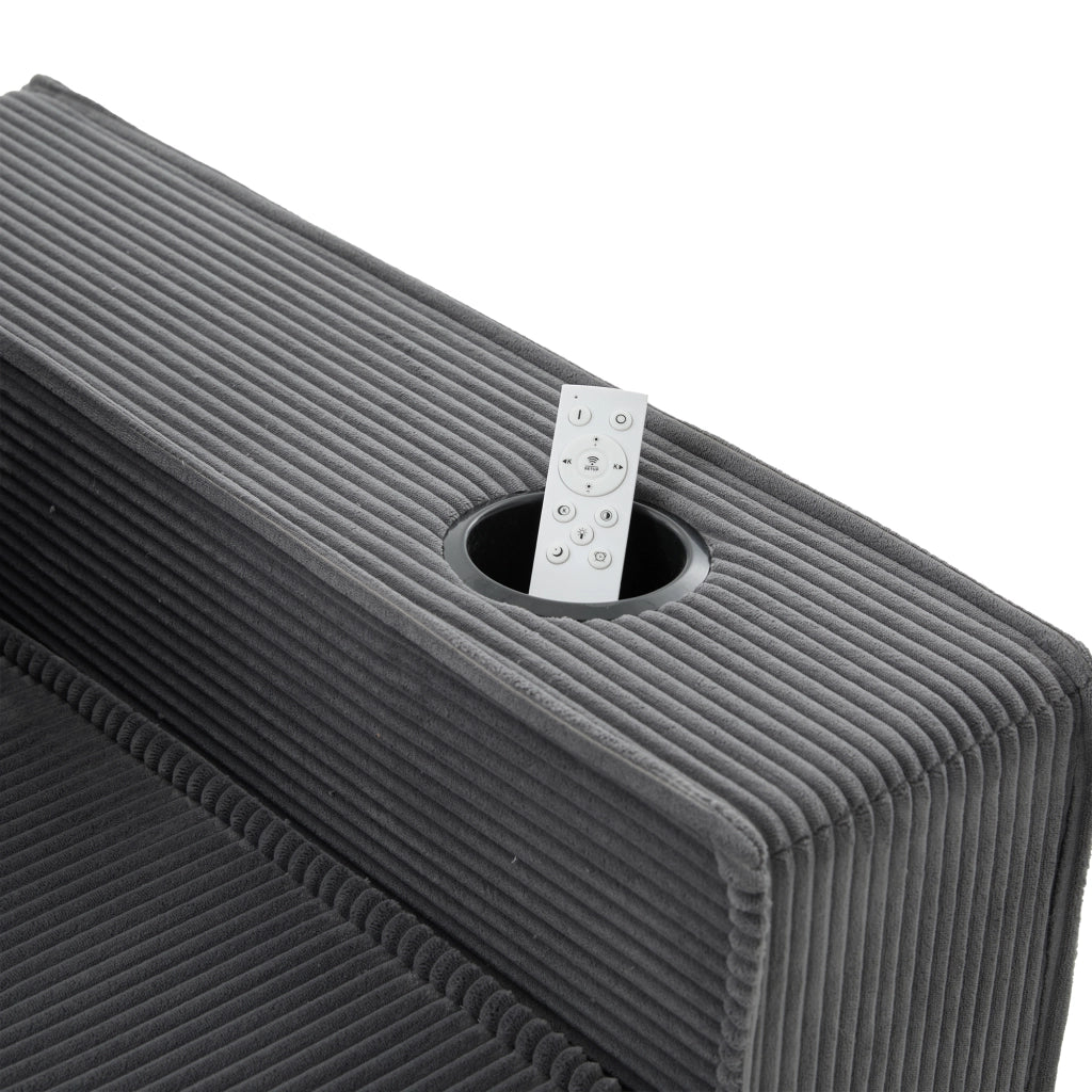 Pouf divano modulare in velluto a coste grigio scuro con 2 cuscini, tasche laterali e seduta ergonomica