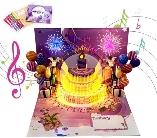 Carta di auguri per il compleanno - Card con luci e musica - Carta 3D di auguri - Bambola di luce a LED - Regalo di compleanno per donna, amici, bambini, sorelle, famiglia - Blu viola