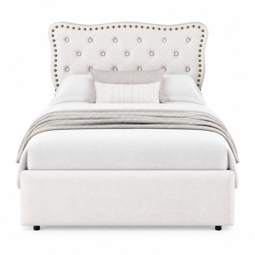 Letto imbottito 90x200 cm con 2 cassetti e testiera regolabile; MDF e lino; beige chiaro