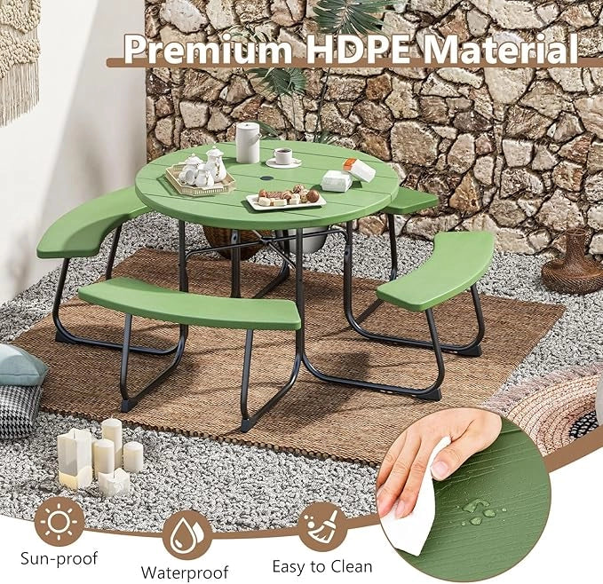 Set da giardino da picnic per 8 persone, tavolo da giardino rotondo con 4 panche, tavolo da birra con foro per ombrellone, set da giardino in HDPE, set per panca da birra (verde)