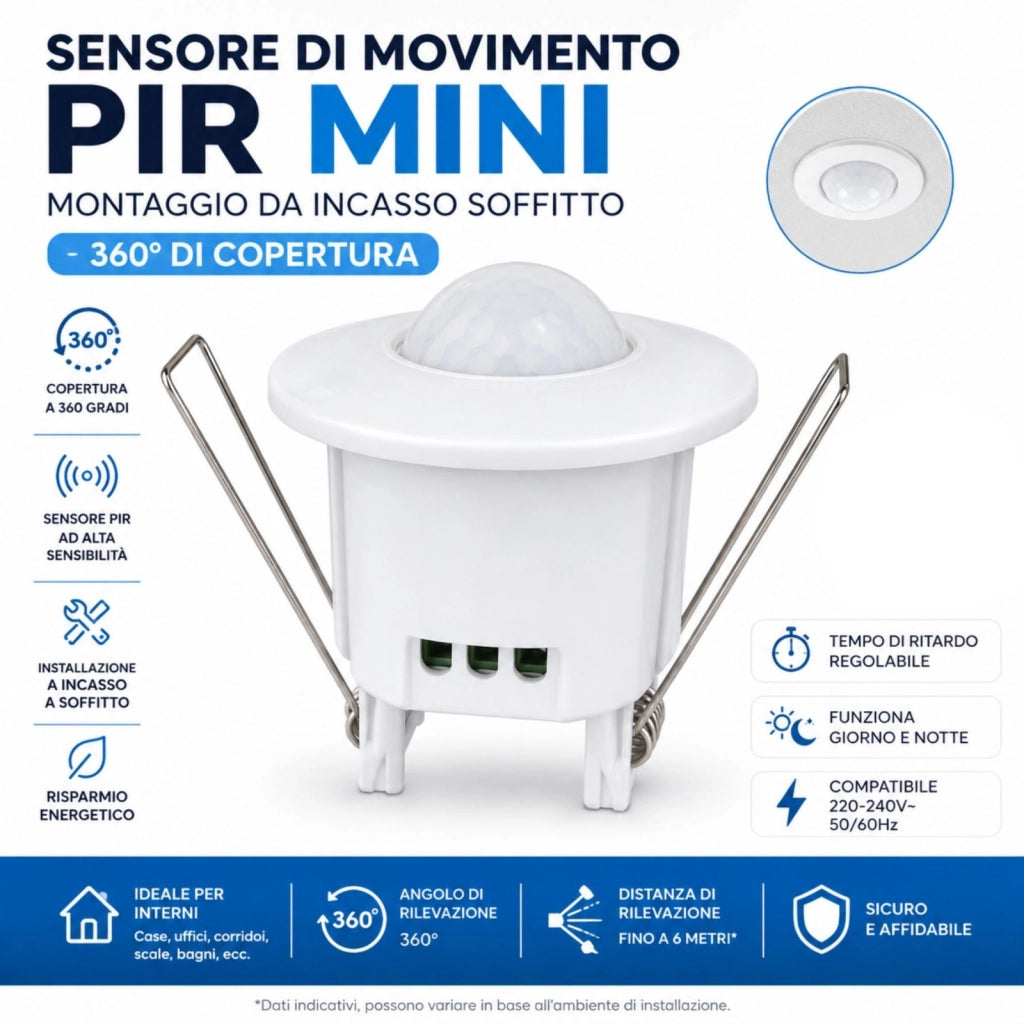 Sensore di Movimento PIR Mini 360°, da Incasso a Soffitto, Bianco