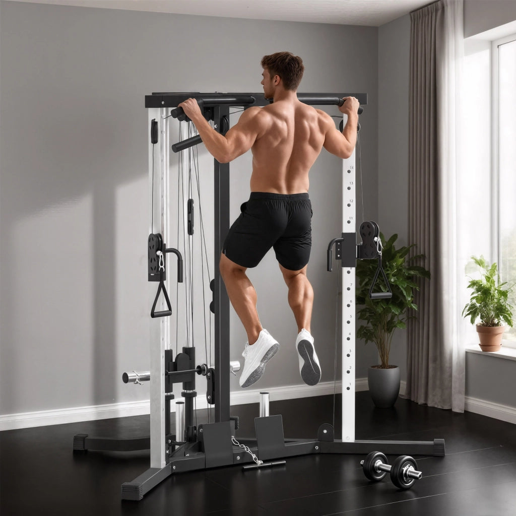 Stazione Fitness per Allenamento Totale con Sbarra per Trazioni e Bilanciere, in Acciaio, 170x139x200 cm, Nero